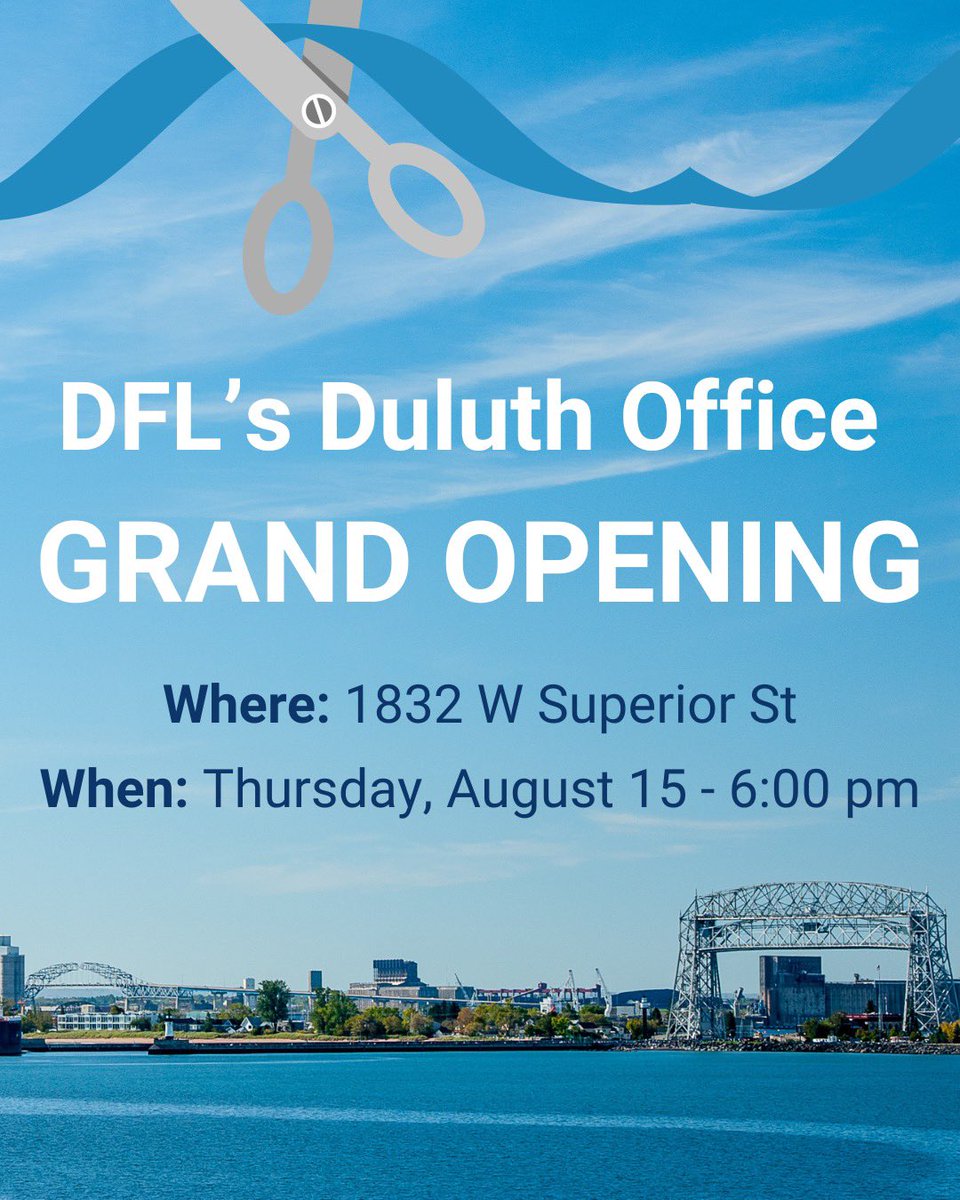 Join us for the Duluth DFL office grand opening this Thursday at 6:00 pm!

The office is located in the Enger Lofts building - 1832 W Superior St.

🎉 Harris-Walz signs will be available as well as a food truck and other like-minded DFL'ers.