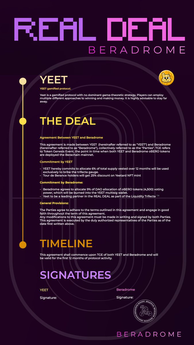 bm losers

Time to start sharing details of our Real Deal $2m bribe raise, starting with <a href="/eatsleepyeet/">Yeet 🏆</a>:

Yeet commits 6% of total supply vested over 12 months to bribe the Liquidity Trifecta gauge

Beradrome commits 9% of the DAO allocation burned into voting power to the Yeet