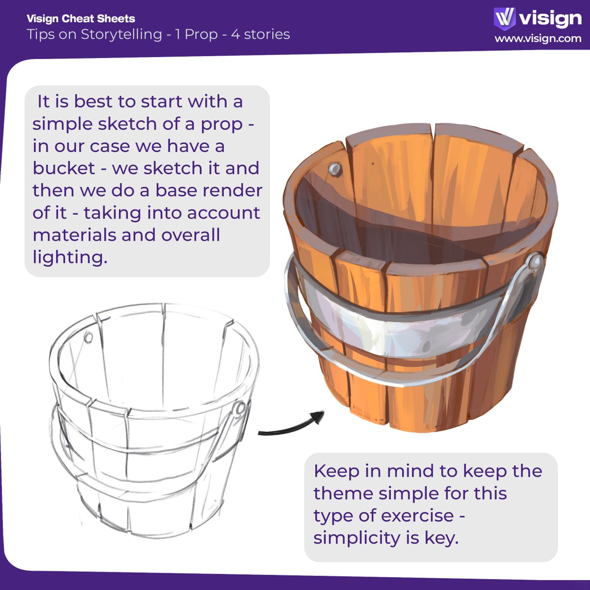 visignacademy's tweet image. A simple bucket can tell a story! Don&apos;t believe it? Check out not one, but four ways you can do it.
#visigncheatsheet #propdesign #visualstorytelling #arttips