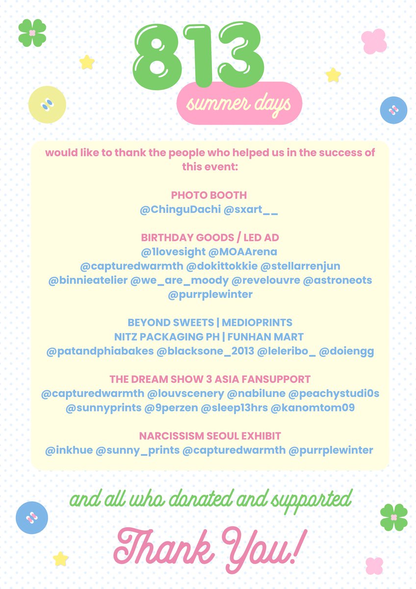 813 Summer Days (@813summerdays) on Twitter photo 🍀💌
A moment of appreciation to all who did well in making our events a success!
💝 <a href="/ChinguDachi/">Chingu Dachi</a> <a href="/_sxartxx/">♡ open cms sxartxx💗☁️♡ sxx!🍮 ꙳⸌♡⸍꙳ 🏹</a>
🎀 <a href="/1LOVESIGHT/">𝐥𝐨𝐯𝐞 𝐚𝐭 𝐟𝐢𝐫𝐬𝐭 𝐬𝐢𝐠𝐡𝐭</a> <a href="/MOAArena/">SM Mall of Asia Arena</a>
💚 <a href="/capturedwarmth/">𓇢𓆸</a> <a href="/dokitokkie/">૮ ˶ᵔ ᵕ ᵔ˶ ა</a> <a href="/stellarrenjun/">☁️ comms open</a> <a href="/binnieatelier/">binnie</a> <a href="/we_are_moody/">MOODY ★</a> <a href="/revelouvres/">♥️</a> <a href="/astroneots/">astro ‼️ shop open jan 10-24</a> <a href="/purrplewinter/">a. ❆ 🐻🦊 #OurBelovedHaechan 🌻</a> <a href="/leleribo_/">𐙚 leleribo</a> <a href="/doienggg/">clar🐰🍀</a> 🍀💌
A moment of appreciation to all who did well in making our events a success!
💝 <a href="/ChinguDachi/">Chingu Dachi</a> <a href="/_sxartxx/">♡ open cms sxartxx💗☁️♡ sxx!🍮 ꙳⸌♡⸍꙳ 🏹</a>
🎀 <a href="/1LOVESIGHT/">𝐥𝐨𝐯𝐞 𝐚𝐭 𝐟𝐢𝐫𝐬𝐭 𝐬𝐢𝐠𝐡𝐭</a> <a href="/MOAArena/">SM Mall of Asia Arena</a>
💚 <a href="/capturedwarmth/">𓇢𓆸</a> <a href="/dokitokkie/">૮ ˶ᵔ ᵕ ᵔ˶ ა</a> <a href="/stellarrenjun/">☁️ comms open</a> <a href="/binnieatelier/">binnie</a> <a href="/we_are_moody/">MOODY ★</a> <a href="/revelouvres/">♥️</a> <a href="/astroneots/">astro ‼️ shop open jan 10-24</a> <a href="/purrplewinter/">a. ❆ 🐻🦊 #OurBelovedHaechan 🌻</a> <a href="/leleribo_/">𐙚 leleribo</a> <a href="/doienggg/">clar🐰🍀</a>