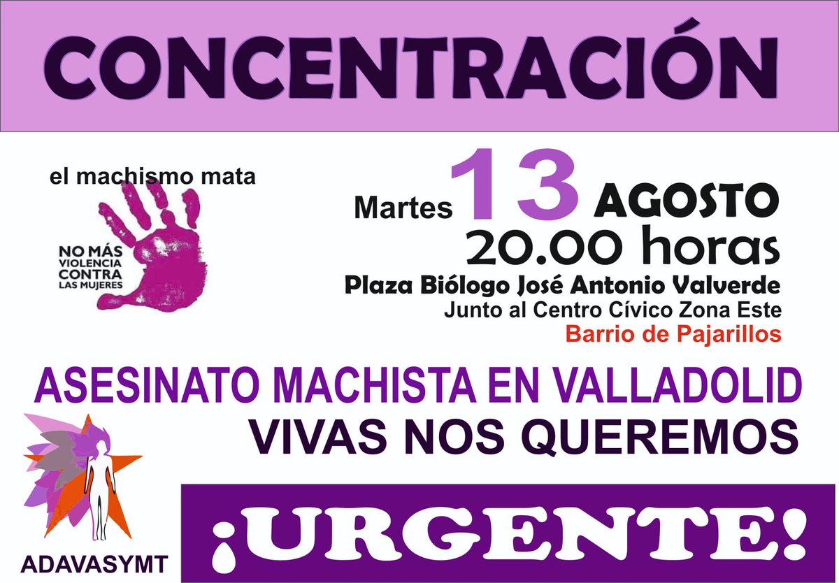 Una amarga concentración <a href="/adavasymt_vall/">Adavasymt Valladolid</a>
 en homenaje a la mujer asesinada en Pajarillos
🗓️13/08/2024
🕕20h00
📍Valladolid, junto a Centro Cívico Este, Pajarillos

Porque una mujer asesinada más es una d más,no es un número,sino una vida segada por un controlador misógino
#HARTAS