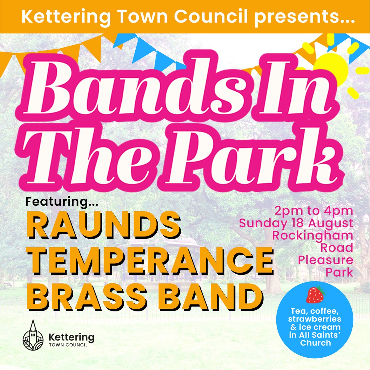 This Sunday we have some traditional brass vibes from Raunds Temperance Brass Band in the Rockingham Road Park Bandstand for our penultimate Bands in the Park
⏰ 2-4pm
📅 Sun 18 Aug
📍 Rockingham Road Park 
🍓 Refreshments in All Saints Church 
👉 ketteringtowncouncil.gov.uk/whats-on