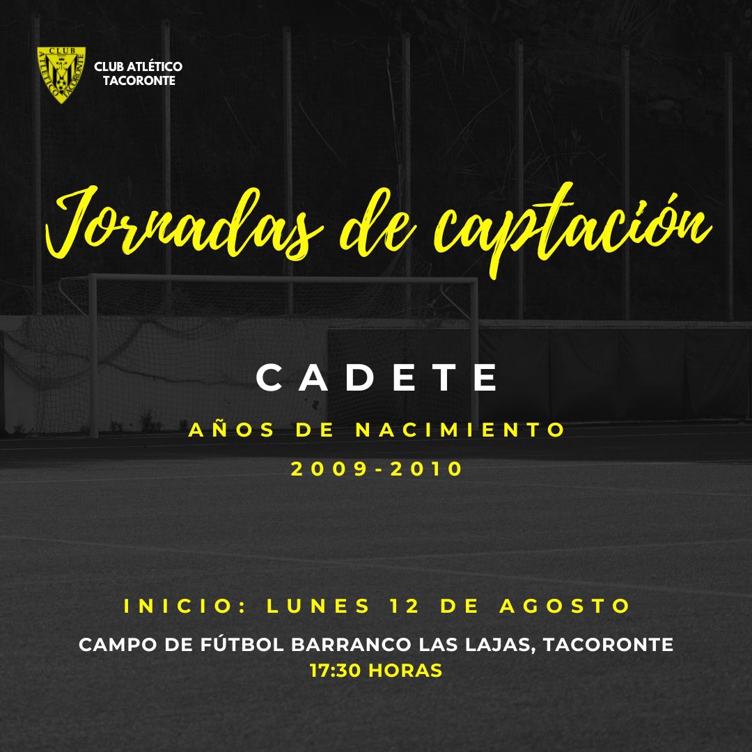 #CADETE

¡JORNADAS DE CAPTACIÓN!

Si has nacido en el año 2009 o 2010, ¡este es tu momento! Este lunes 12 de agosto a partir de las 17:30 en el Campo de Fútbol Barranco Las Lajas, comienzan las jornadas de captación para nuestro Cadete. 

¡Ven y aprovecha esta oportunidad! 💛🖤