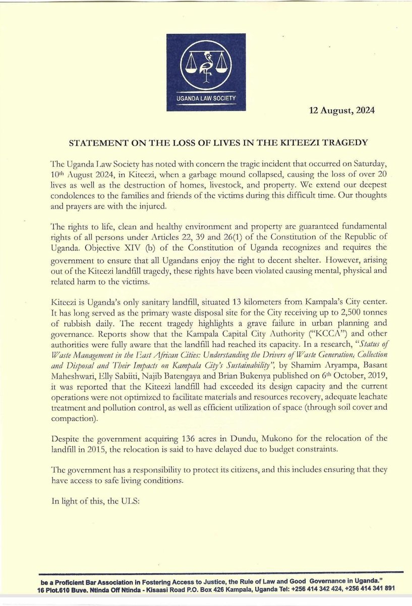 ug_lawsociety's tweet photo. OUR STATEMENT ON THE KITEEZI LANDFILL TRAGEDY:
The government has a responsibility to protect its citizens, and this includes ensuring that they have access to safe living conditions.

In the light of this, we call for investigations to establish the circumstances that led to the neglect of the spills at the landfill and consequent deaths and loss of property.

Read the full statement via the link 👇
https://t.co/AgmLSl1jch