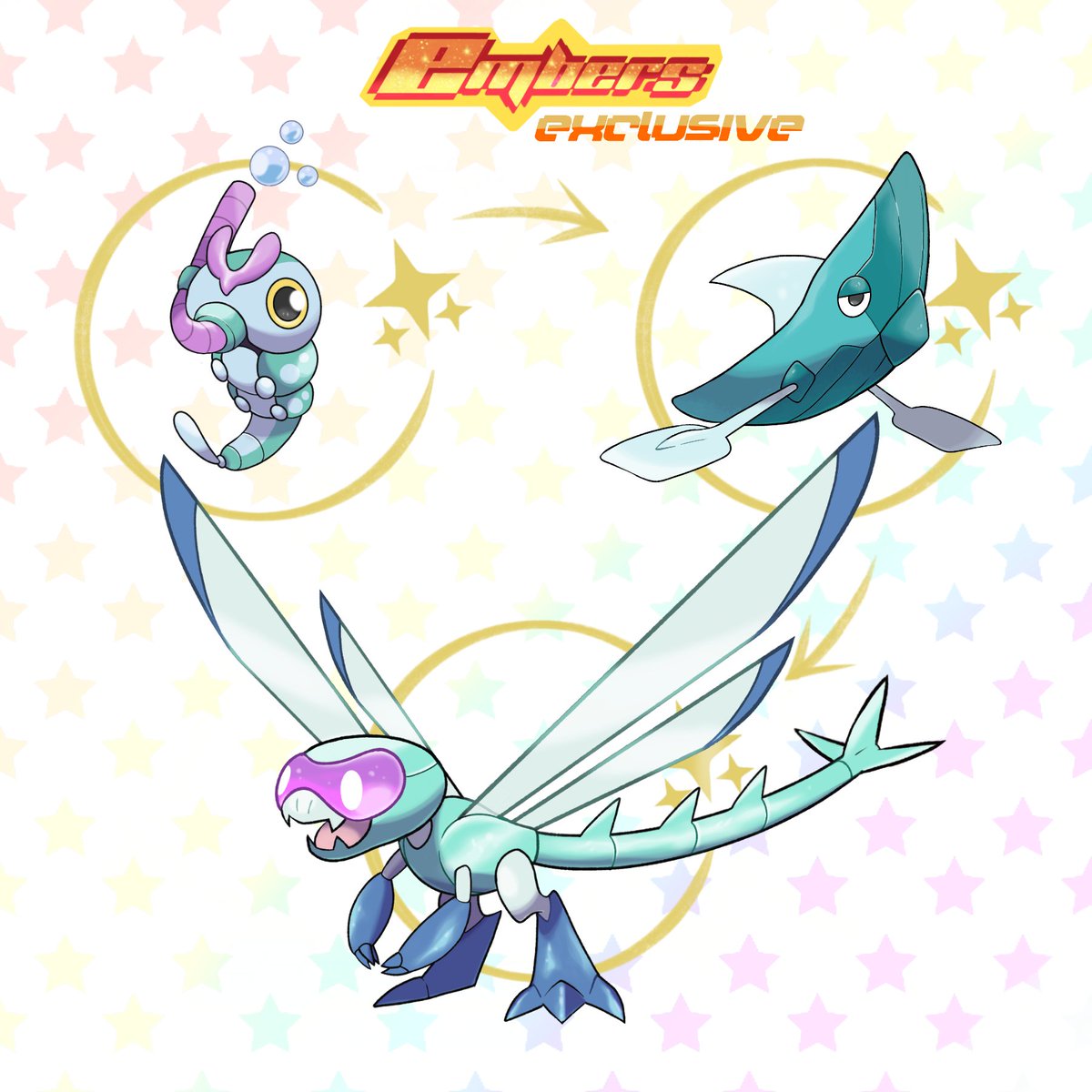 renatuxoo's tweet image. 🚨NEWS Embers and Sparks!!! 🔥✨💫✨
New pokemon has been discovered in Hikai!!! 
Meet: 

- Haikaian Caterpie (bug/water)
- Metaboat (bug/water)
- Livrélula (dragon/water) ✨

#pokemon #fakemon