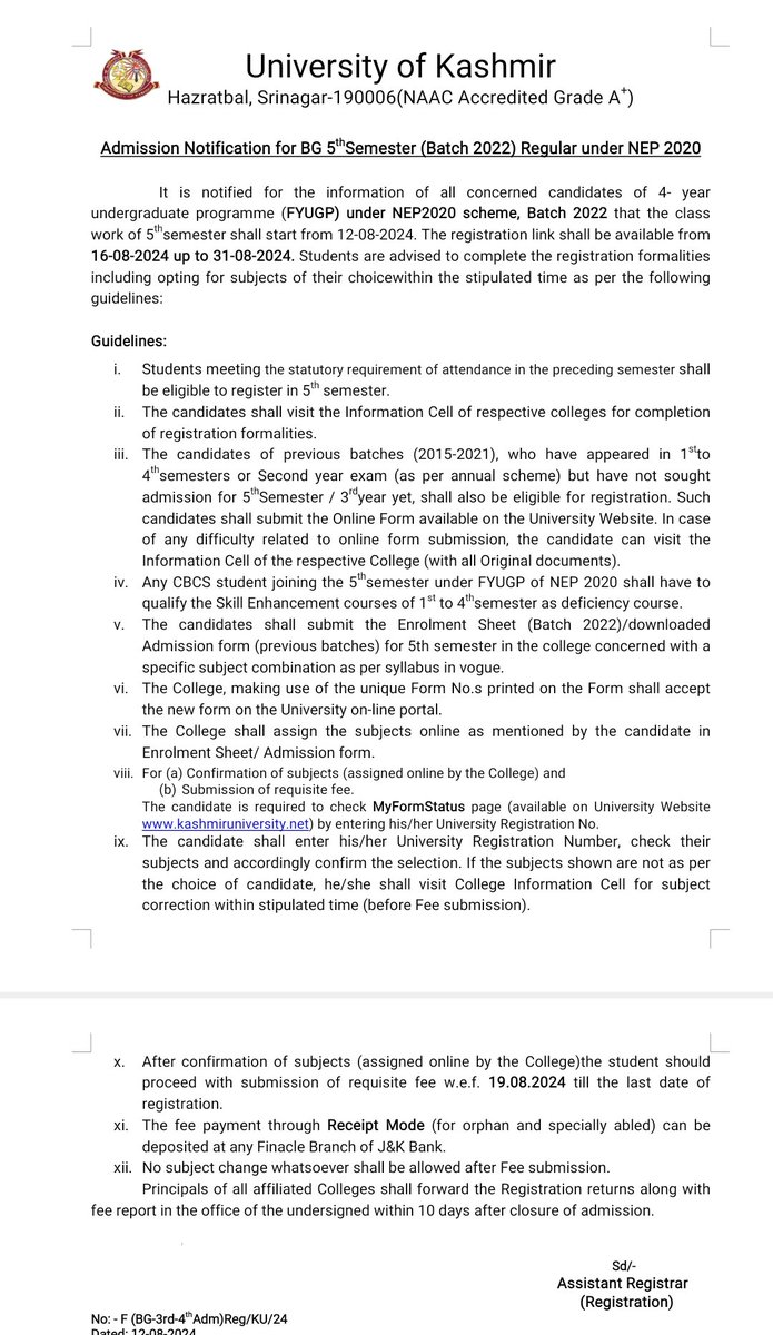 JkCollege_Contr's tweet image. As per the recent notification from Kashmir University, it has been announced that classwork for the 3rd and 5th semesters is scheduled to commence on 12th August 2024. However, it is unfortunate that the Academic Arrangement faculty, which constitutes a significant portion of