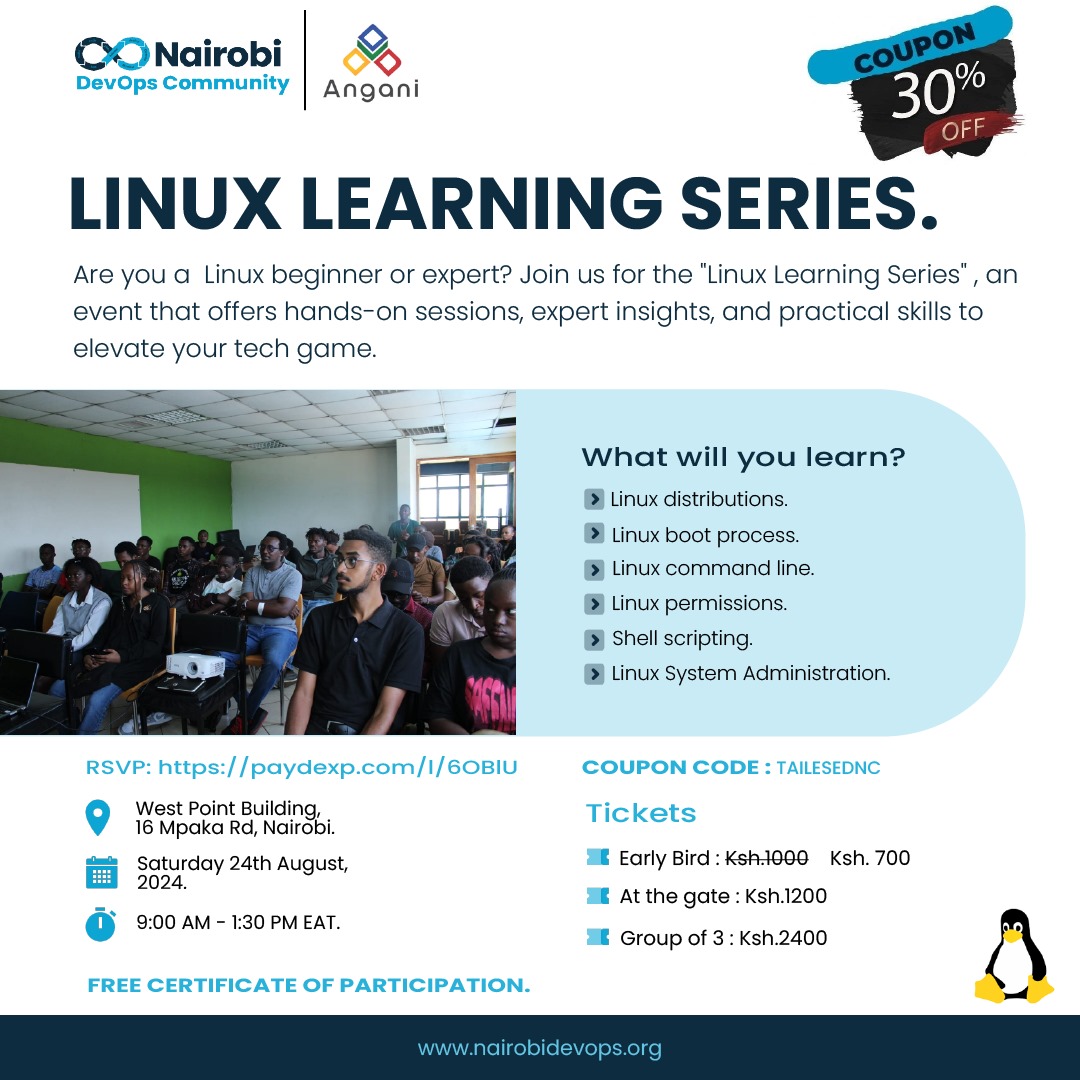 nairobidevops's tweet image. Join us for a day of learning Linux on 24th August 2024. There is still a 30% coupon up to tomorrow, Tuesday at 11:59 pm. 

RSVP: paydexp.com/l/6OBlU

Brought to you by Nairobi DevOps Community in partnership with @AnganiLTD

#NairobiDevOps #LinuxLearningSeries #Angani