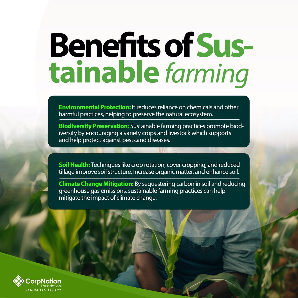 Sustainable agriculture is key to a greener future. Discover how these practices benefit the environment and food security. 

#SustainableAgriculture #CorpnationFoundation #EcoFriendly #GreenFarming #SustainableLiving