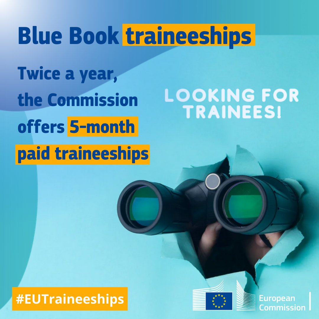 Required:
☑ a university degree of at least 3 years of study 
☑ an excellent (C) level of English, French or German 
more: 👉 traineeships.ec.europa.eu⁣

📅 Deadline: 30 August⁣
@eucareers 

#EUTraineeship #BlueBookTraineeship #EUCareers #europeanunion #AI 🇪🇺