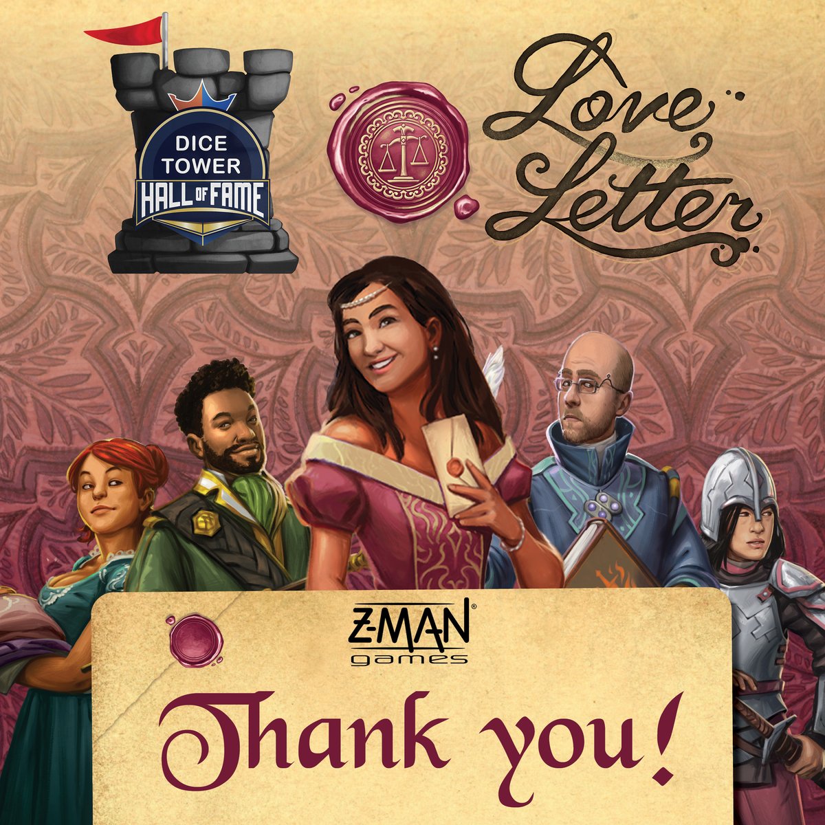 A huge congrats to Seiji Kanai for Love Letter's induction into The Dice Tower Hall of Fame during Gen Con 2024! We're privileged to continue iterating on your award winning design 🙏

#loveletter #dicetower #boardgamenews #tabletopnews #zmangames #seijikanai