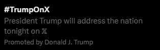 Nenluen's tweet photo. Community Note:

He's not President and does not have any official capacity to 'Address the Nation'.

A better title would be:

"Convicted Felon paid for some advertisement time on a rival social media site that he got banned from for inciting an insurrection." https://t.co/DatfVU9X7b