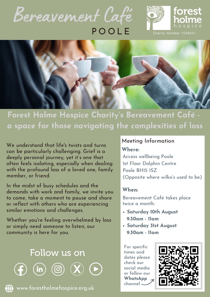 Bereavement Café is facilitated by specialist volunteers, who are able to help signpost if you are looking for further support. Contact Forest Holme Hospice Charity for more details.