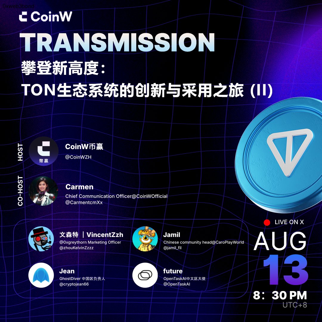 【#CoinW Space直播 】

⭐️直播主题：攀登新高度——#TON 生态系统的创新与采用之旅 Ⅱ

⭐️Host：<a href="/CoinWZH/">CoinW币赢</a>
⭐️Co-host：<a href="/CarmentcmXx/">Carmen</a>
⭐️嘉宾：<a href="/vincentzzh/"></a>, @jamil_fil, @cryptojean66, <a href="/OpenTaskAI/">OpenTaskAI</a>

💰50 USDT赠金 * 5人
✅关注 <a href="/CoinWZH/">CoinW币赢</a>+评论区留UID
🔔预约直播：x.com/i/spaces/1DXxy…

⏰明晚