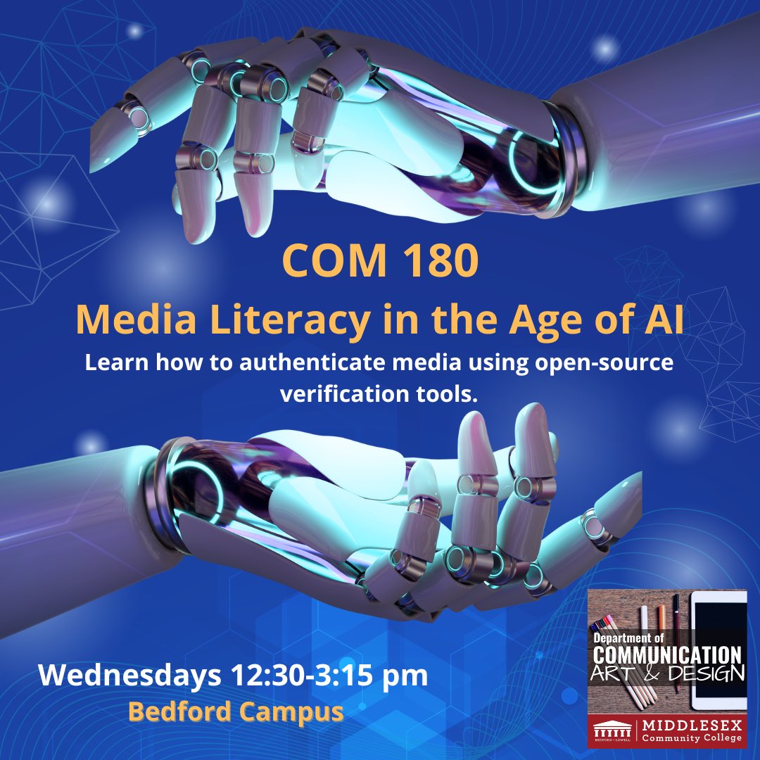 MCCcomartdesign's tweet image. Want to be media-savvy in today’s digital world? Dive into COM 180: Media Literacy in the Age of AI. 

📅 Wednesdays, 12:30 - 3:15 PM 📍 Bedford
 🌟 Enhance your digital skills. 🌟 Stand out by understanding the intersection of AI &amp;amp; media.

#MCCcomartdesign #mccpath