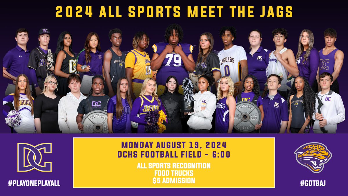athletics_dc's tweet image. Please join us Monday, August 19th at 6:00 for our 2024-2025 All Sports Meet the Jags! 🐆 

There will be a $5 admission and food trucks will be available. We are looking forward to seeing everyone and recognizing our student-athletes! #GDTBAJ