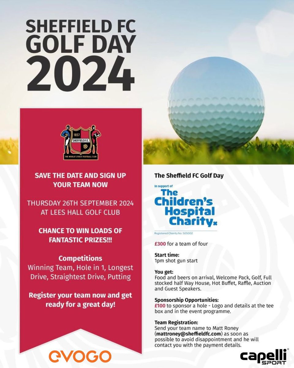 The famous Sheffield FC invitational golf day has been announced 26.09.24 ⛳️ 

Please register your team names via the email, you will then receive payment details and any further information needed.

Look forward to seeing you all at the HOG🏌🏾‍♂️🏌🏾‍♂️🏌🏾‍♂️🏌🏾‍♂️ 
#theworldsfirst #golfday