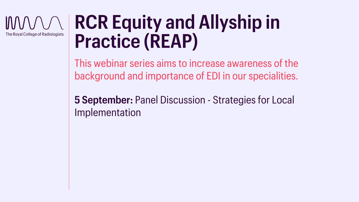 We're looking forward to the final webinar in our REAP series, which will be a panel discussion on implementing equity and allyship in practice 💬

Both members and non-members can register for free!

Join us on 5 September: rcr.ac.uk/cpd-and-events…