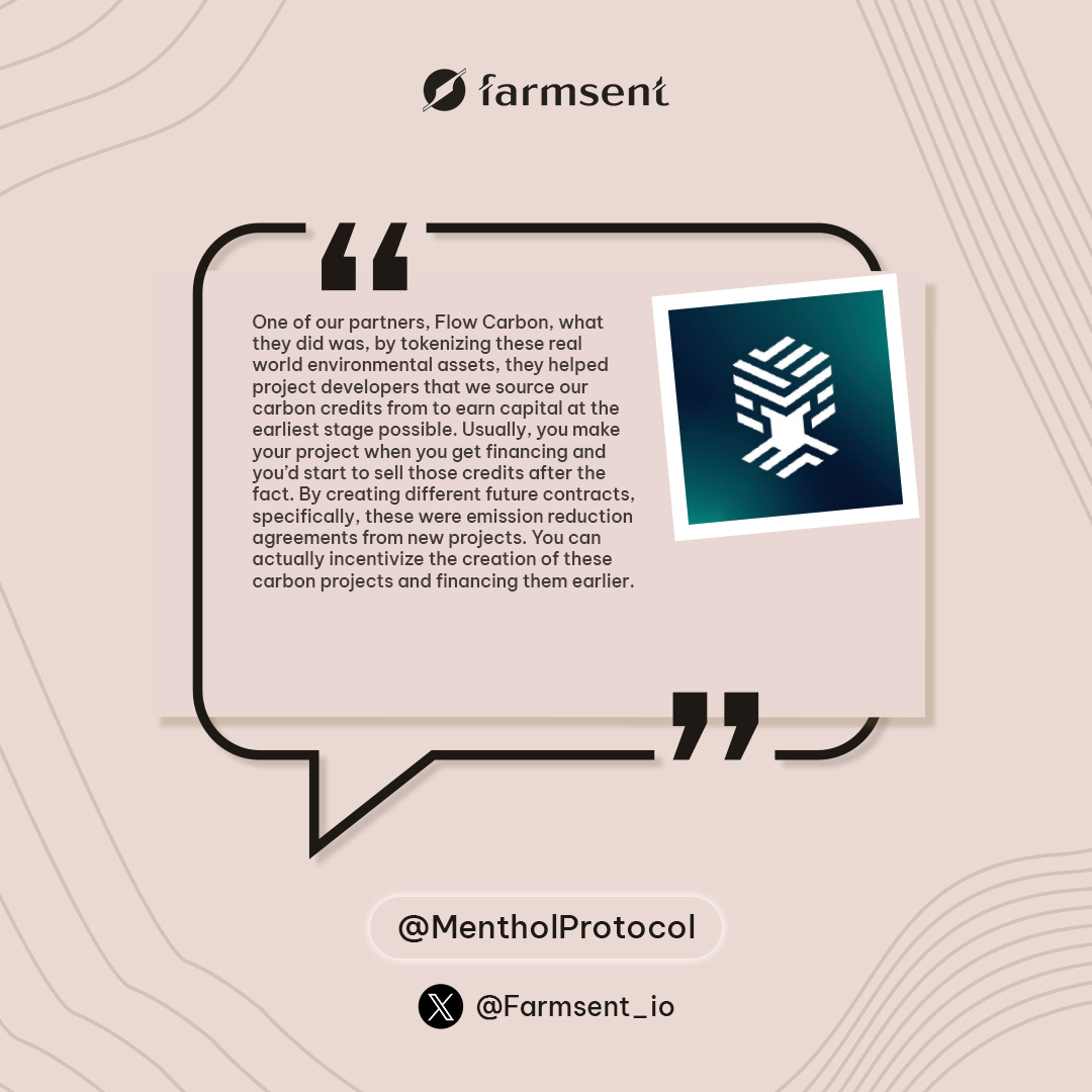 Farmsent (@farmsent_io) on Twitter photo The discussion moved further to environmental assets where <a href="/daddycoolmojo/">Mohamed Hassan</a> from <a href="/MentholProtocol/">Menthol Protocol🌍</a> talked about Flow Carbon, who tokenize environmental assets to provide early capital for carbon projects. This approach lets everyday users finance and earn from climate projects, The discussion moved further to environmental assets where <a href="/daddycoolmojo/">Mohamed Hassan</a> from <a href="/MentholProtocol/">Menthol Protocol🌍</a> talked about Flow Carbon, who tokenize environmental assets to provide early capital for carbon projects. This approach lets everyday users finance and earn from climate projects,