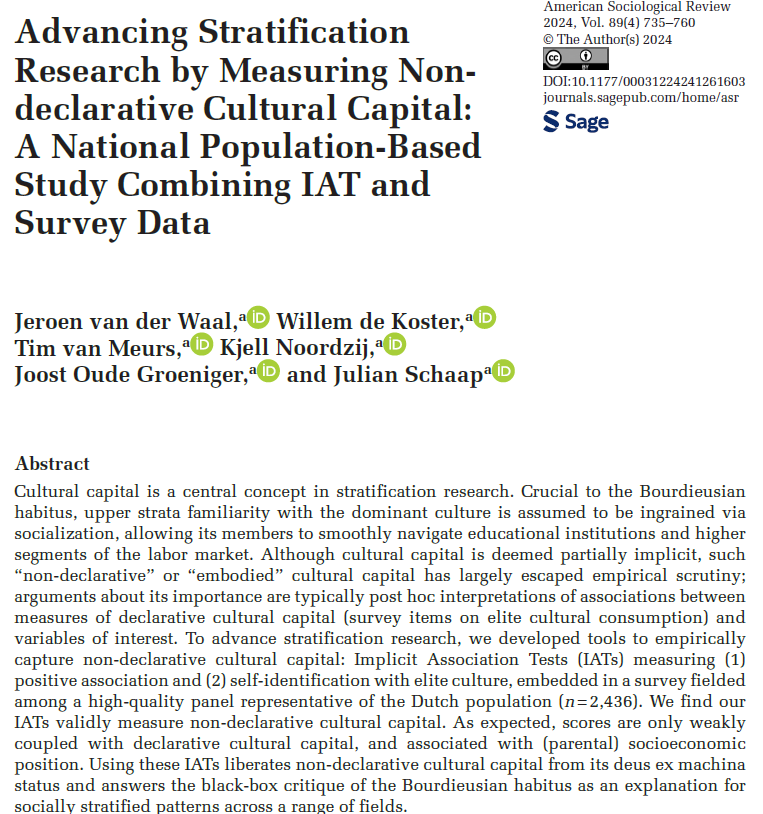 WillemDeKoster's tweet photo. Want to know how we liberated embodied cultural capital from its deus ex machina status? 

Read our new publication "Advancing Stratification Research by Measuring Non-declarative Cultural Capital" #openaccess in @ASR_Journal 

https://t.co/us0Zrx2KNI https://t.co/bO3GvJii3m