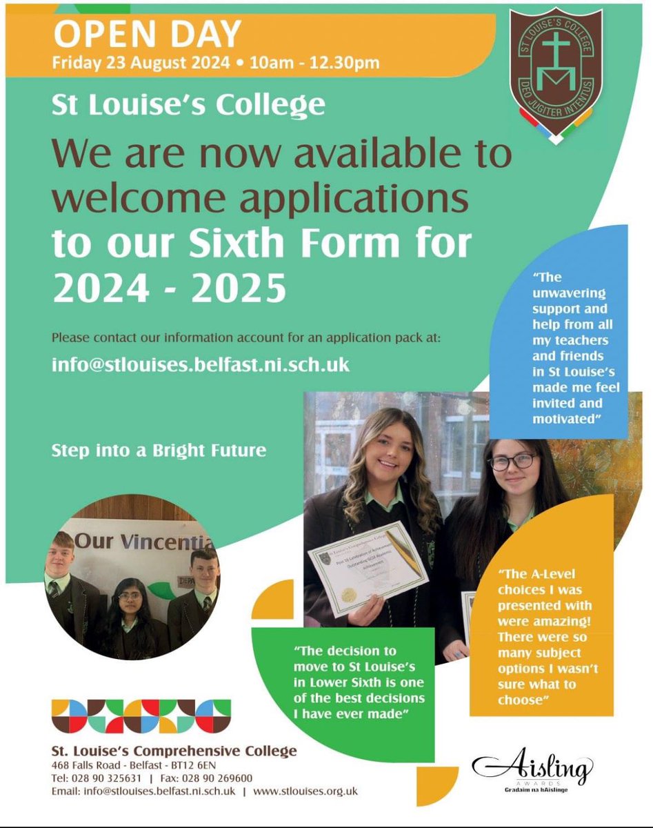 🗣️Applications Welcome for Sixth Form. 
Call 02890325631 and Open Morning 10.00 am – 12.30 pm on Friday 23 August.