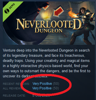 Incredible, the Neverlooted Dungeon demo just reached the 50 reviews, 100% positive ! 

Thanks to all of you who posted a review ! 💚

If you haven't yet and want to support my work, please consider going on the demo page and leaving a review, thanks :)

store.steampowered.com/app/1394770/Ne…