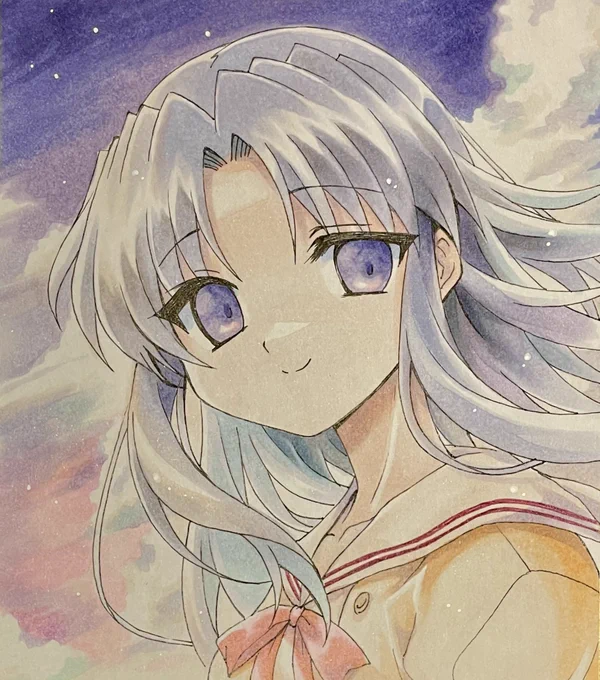 644日目のアナログイラストはONE.の川名みさき先輩です。スミレ色の空が静かにコスモス色に染まれば星たちもそっとおやすみ また明日Good night 