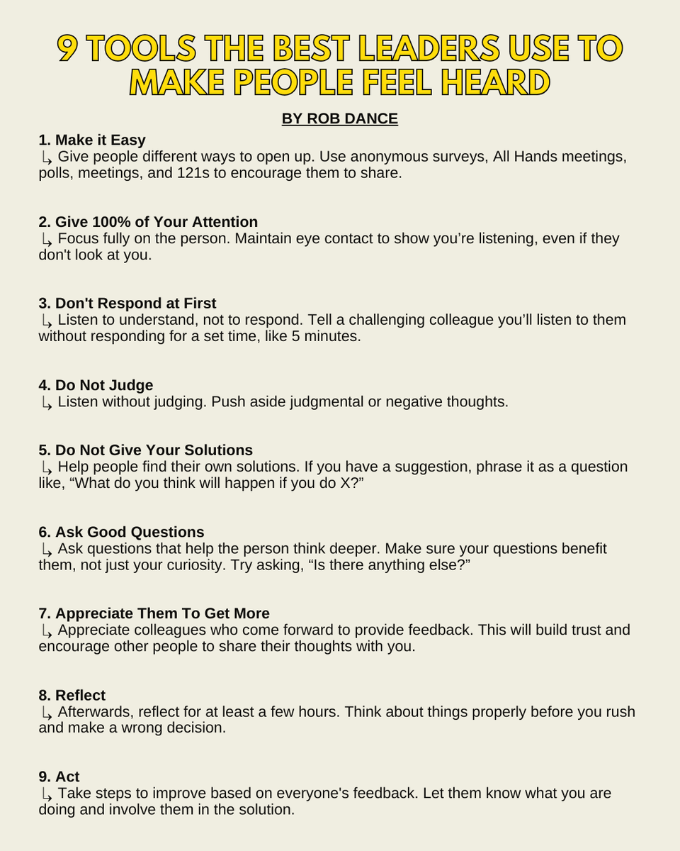 RobDance_'s tweet photo. Pro tip: How to stop them resigning

(And the answer is pretty simple)

The fact is, the best leaders LISTEN 80% of the time so people feel safe, seen, heard, and appreciated.

Here are 9 tools the best leaders use to make people feel heard: https://t.co/NoeOuHn3de