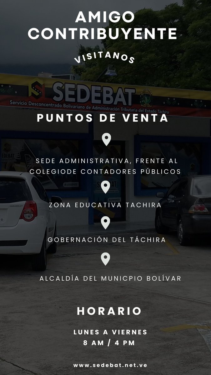 Feliz inicio de semana, Amigo Contribuyente les recordamos que estamos laborando en nuestro horario normal de 8am a 4pm en nuestros Puntos de Venta:
✅SEDEBAT
✅Gobernación del Táchira 
✅Zona Educativa Táchira 
✅Alcaldía Municipio Bolívar 
¡Sin Tributos no hay Progreso!