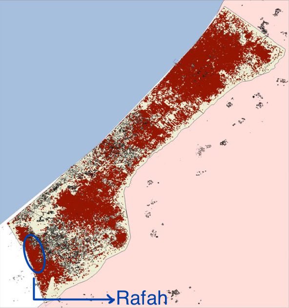 AssalRad's tweet photo. UN satellite image from July shows the areas Israel has bombed in Gaza in the last 10 months. 

The blue circle is roughly the area covering Rafah. The Biden admin has spent months telling you that is a “limited operation” and Israel has not crossed Biden’s fake red line. https://t.co/QEphZeIG0s