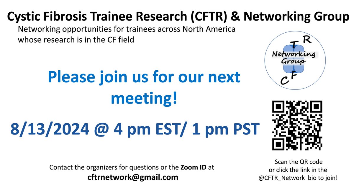 CFTR Networking Group (@cftr_network) on Twitter photo Please join us TOMORROW (8/13) @ 4 pm EST/ 1 pm PST over Zoom for our next CFTR Networking group meeting! We are excited to have Dr. Patrick Thibodeau from the <a href="/CF_Foundation/">Cystic Fibrosis Foundation</a>
<a href="/jmcmicrobe/">Jodi Corley</a> @sherylEFerns @anamariaj7 Please join us TOMORROW (8/13) @ 4 pm EST/ 1 pm PST over Zoom for our next CFTR Networking group meeting! We are excited to have Dr. Patrick Thibodeau from the <a href="/CF_Foundation/">Cystic Fibrosis Foundation</a>
<a href="/jmcmicrobe/">Jodi Corley</a> @sherylEFerns @anamariaj7