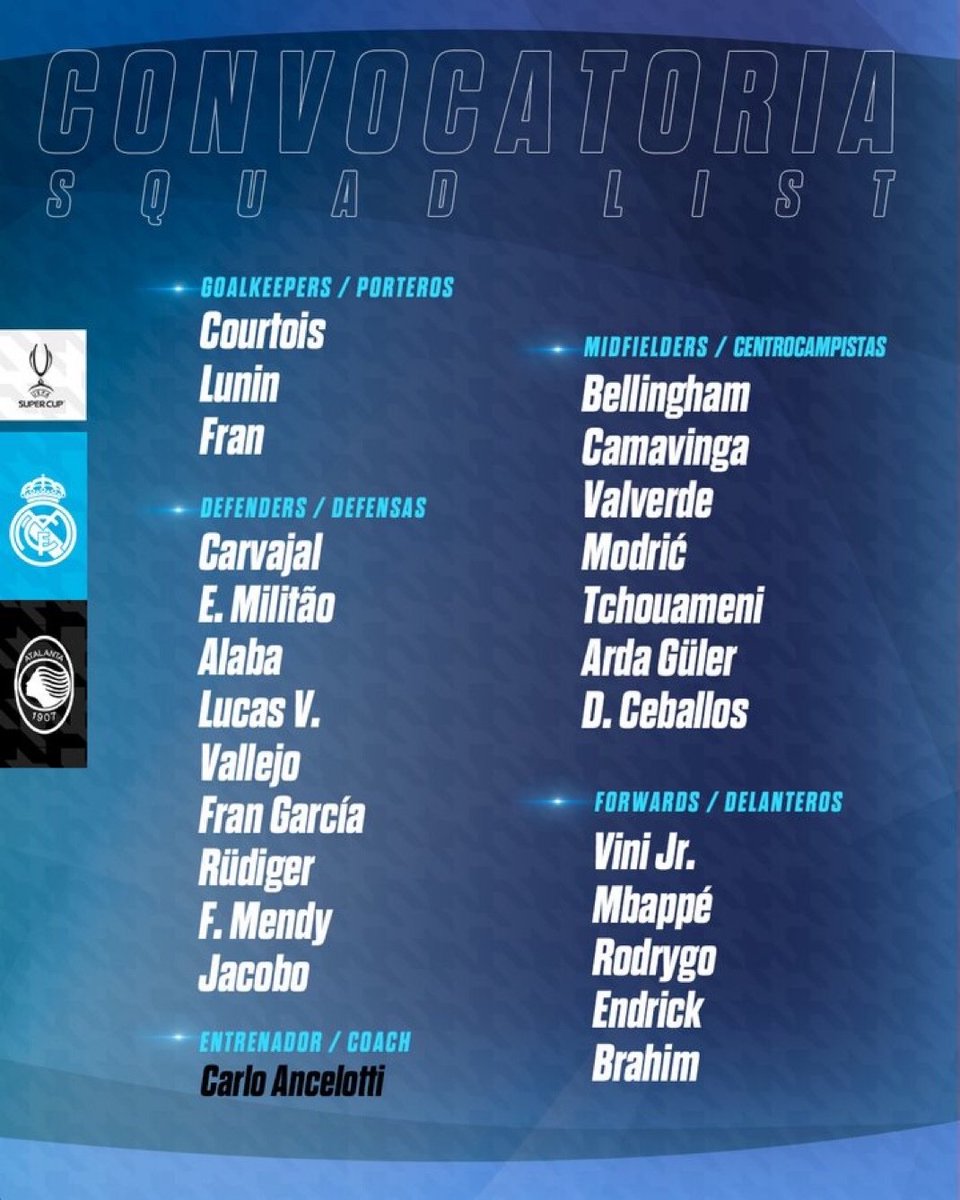 🚨 Primeira lista de convocados do Real Madrid na temporada 2024/25. O  melhor elenco do mundo está à disposição para o jogo contra a Atalanta pela  Supercopa da Europa., image size:960x1200