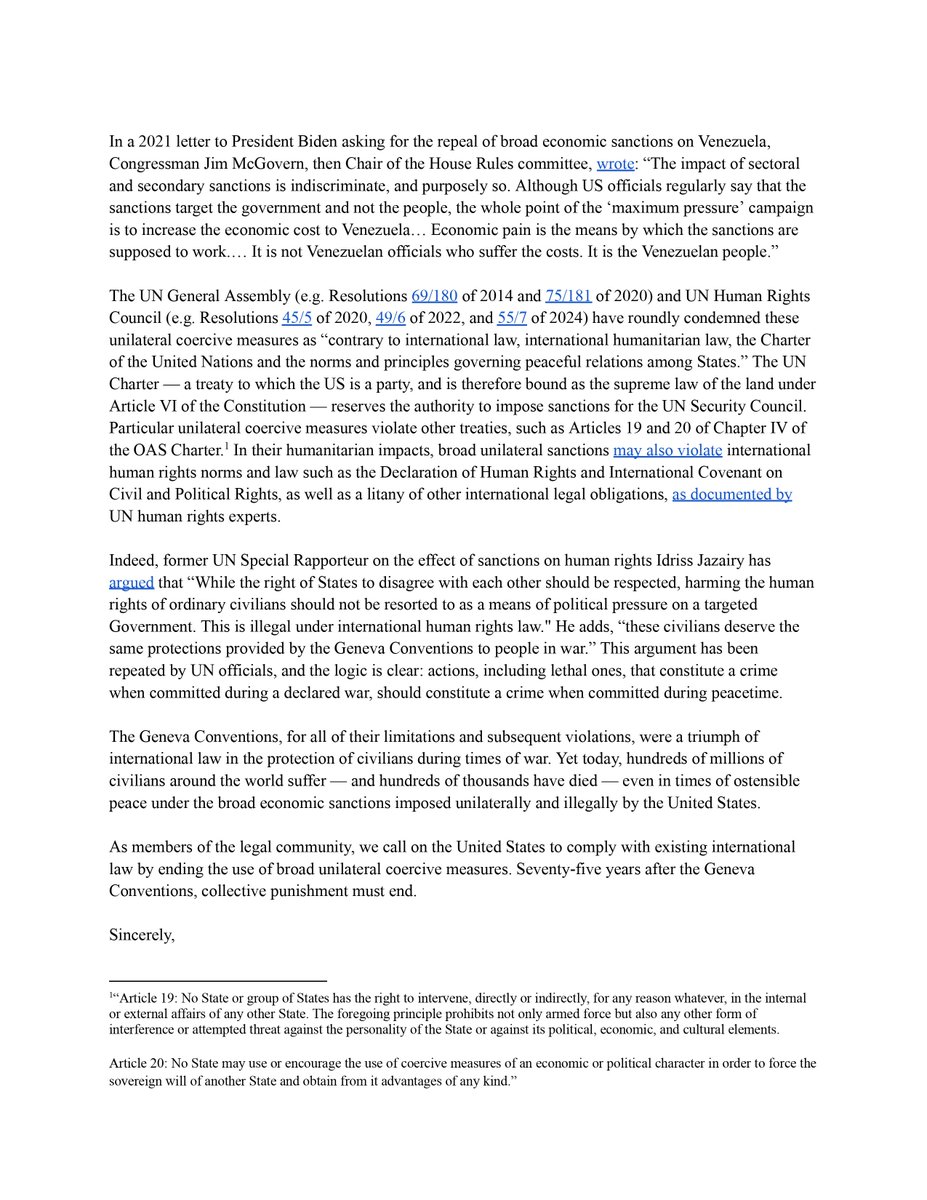 NEW: ~40 legal orgs and 200 lawyers, including top scholars, say broad US economic sanctions amount to collective punishment and violate international law.

Signers below👇