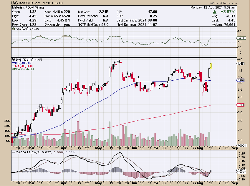 Mid-tier #gold producer IAMGOLD seeing follow-through buying after Friday's enormous strength 

$IAG +25% in the last 3 trading sessions📈

The gold #mining sector has some mojo today after the $GFI acquisition of $OSK and the Barrick quarterly report. $GDX $GDXJ