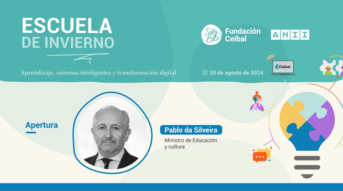 🗣️El ministro <a href="/pdasilve/">Pablo da Silveira</a> participará en la 8va edición #EscueladeInvierno2024❗️<a href="/ANEP_Uruguay/">ANEP</a>, <a href="/Ceibal_Uy/">Ceibal</a>, <a href="/ANIIuy/">ANII - Uruguay</a> y <a href="/fundacionceibal/">Fundación Ceibal</a> presentan los esfuerzos para avanzar en investigación, políticas públicas en innovación, educación y tecnología🔍🎒
➕INFO fundacionceibal.info/inscripcionesE…
