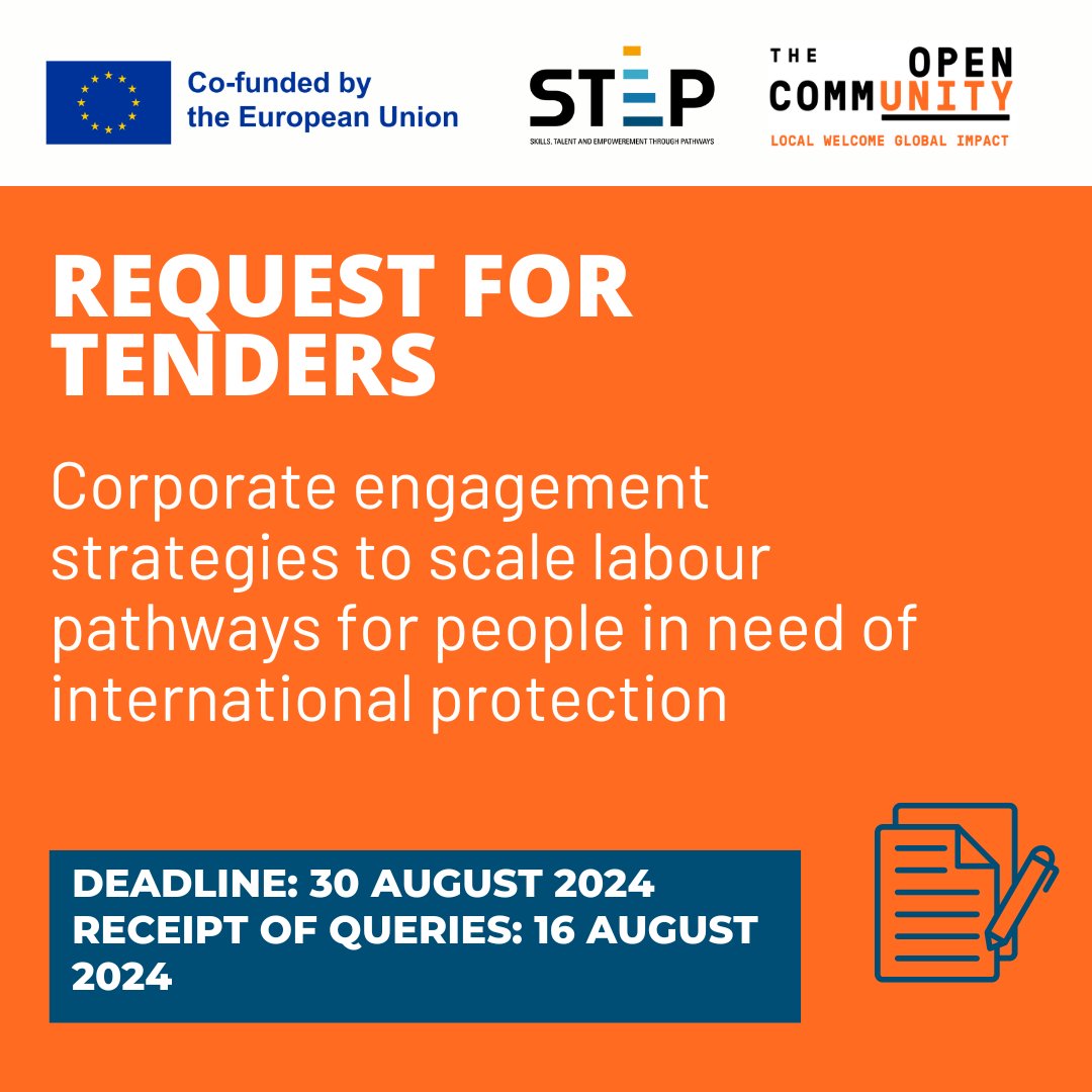 We’re requesting tenders for corporate engagement strategies to scale labour pathways for people in need of international protection: bit.ly/3Aj95Pi
The call is part of a Skills, Talent &amp; Empowerment through Pathways project (STEP), co-funded by the #EU.