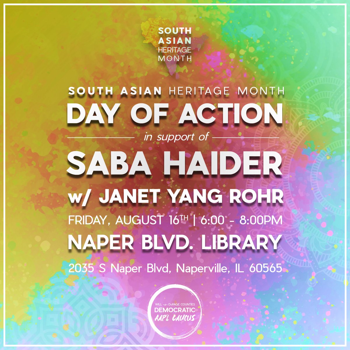 WDDAAPI's tweet image. Join us in closing out South Asian Heritage Month by phonebanking for DuPage County Board Candidate Saba Haider, while also making friendship bracelets for AAPI DNC Delegates with State @jyangrohr!
See you there!
Sign-up here: mobilize.us/willcountydems…