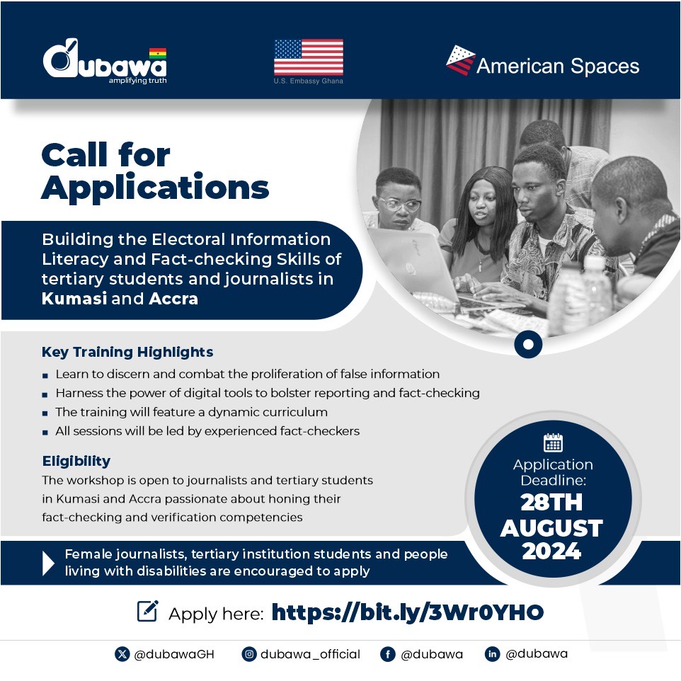 Attention journalists and tertiary students in Kumasi and Accra! 

Join us for a hands-on training workshop to combat misinformation and leverage digital tools for effective fact-checking. 

Don't miss out - apply here:
forms.gle/KBHJwJ3siwDzBj…