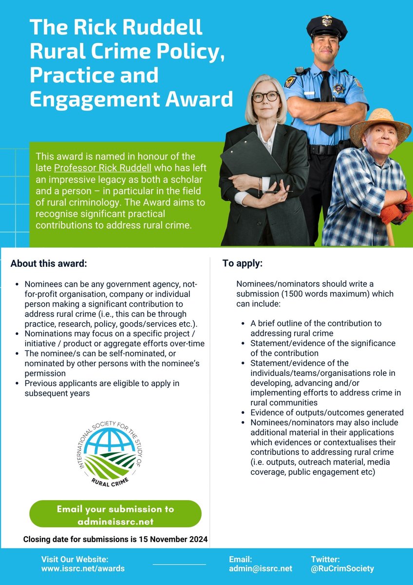 🚨 Exciting News! 🚨
The ISSRC Network is thrilled to announce the 2024 ISSRC Awards! 🏆
1️⃣ The Joseph F. Donnermeyer Rural Criminologist Award – for emerging leaders in rural criminology. 2️⃣ The Rick Ruddell Rural Crime Policy, Practice &amp; Engagement Award. Please share! 🙌