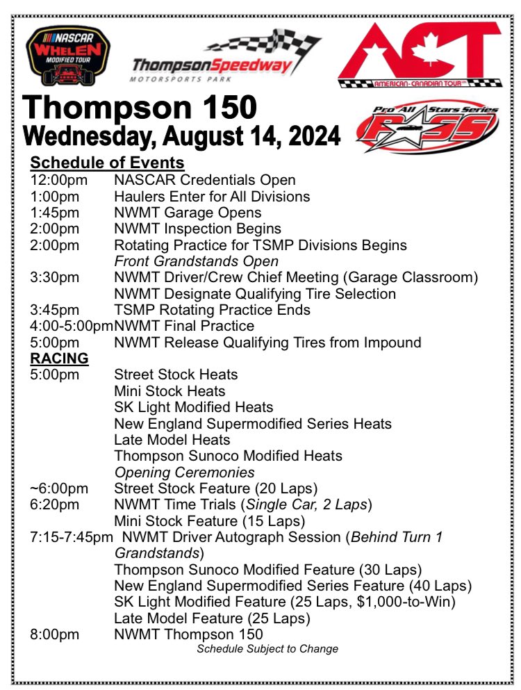 AllThingsSuperm's tweet image. HUGE week of #Supermodified Racing:

@AllThingsSuperm is headed to the East Coast‼️

🏁Wednesday 8/14 NESS @ThompsonSpdwy 
🏁Thursday 8/15 @ISMAsupers @RaceCMP 
🏁Friday 8/16 @ISMAsupers @LeeSpeedway 
🏁Saturday 8/17 Championship Night @OswegoSpeedway 

CHECK BACK FOR UPDATES 👍🏻