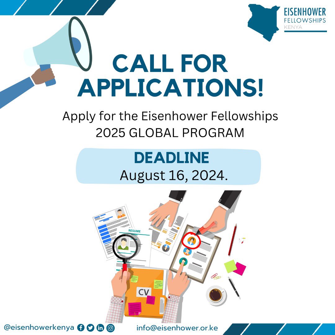 Eisenhower Fellowships Kenya (@eisenhowerkenya) on Twitter photo 📢 Deadline Alert! Applications for the 2025 Global Program are closing soon! Don't miss the chance to be part of a unique nearly six-week experience.
Apply now: efworld.org/apply-now/
For questions, email: apply@efworld.org
#EFJourney #GlobalLeaders #DeadlineApproaching 📢 Deadline Alert! Applications for the 2025 Global Program are closing soon! Don't miss the chance to be part of a unique nearly six-week experience.
Apply now: efworld.org/apply-now/
For questions, email: apply@efworld.org
#EFJourney #GlobalLeaders #DeadlineApproaching