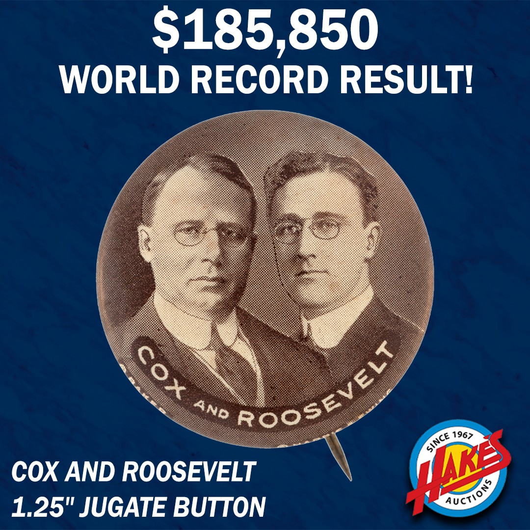 HakesAuctions's tweet image. WORLD RECORD RESULTS! SOLD FOR $185,850! Hake&apos;s saw a world record result for the holy grail of political buttons featuring Cox and Roosevelt! Contact us today about selling your political buttons! ow.ly/qtBq50SQn11
#buttoncollection #collector #buttoncon2024
