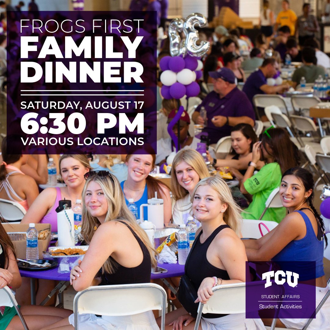 TCUStudents's tweet photo. It's Frogs First Week! Here are some of the things incoming students have to look forward to over the next few days. For a full schedule visit the link in bio. Welcome Horned Frogs, we are so excited to have you on campus! #TCU #tcustudents #frogsfirst #newfrog https://t.co/NA6lLhXhRR