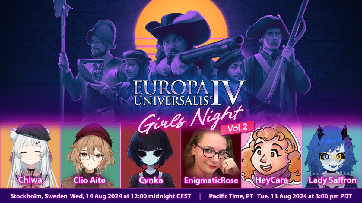 EUIV Girls Night is back this year, just in time for the 11th anniversary of the game's launch! 🎊

📺 Catch each of these streamers' POVs on their respective channels, starting at the time listed.