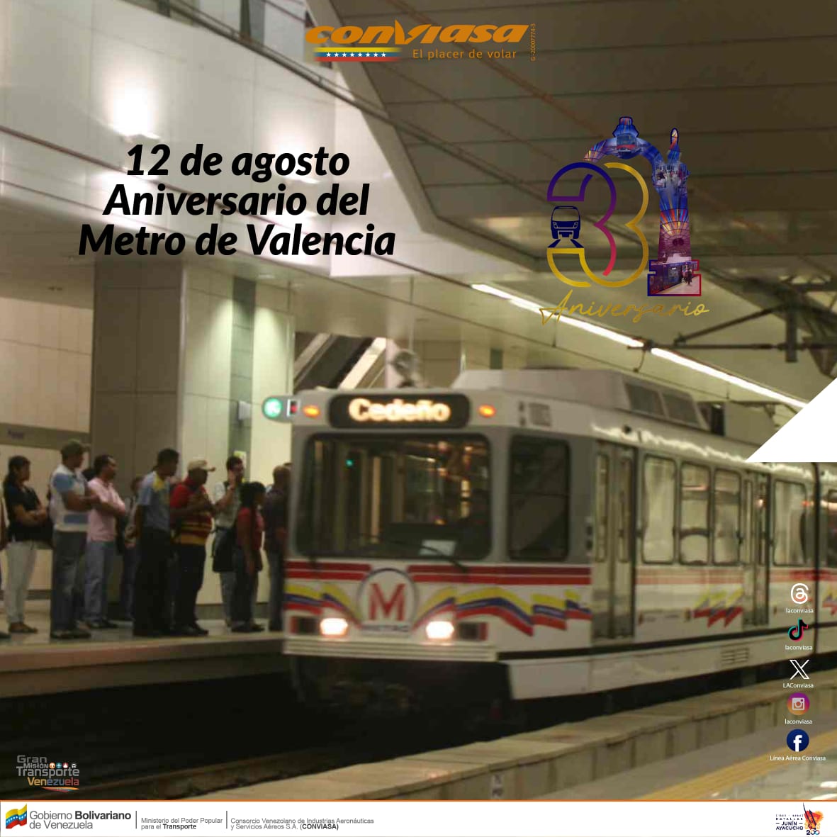 Línea Aérea Conviasa (@laconviasa) on Twitter photo Conviasa se une a la celebración del 33° Aniversario del Metro de Valencia <a href="/CAMETROVALENCIA/">METRO DE VALENCIA</a>, institución que se ha consolidado en los últimos años como uno de los medios de transportes más importantes para la movilización de la población de la metrópolis industrial de Venezuela. Conviasa se une a la celebración del 33° Aniversario del Metro de Valencia <a href="/CAMETROVALENCIA/">METRO DE VALENCIA</a>, institución que se ha consolidado en los últimos años como uno de los medios de transportes más importantes para la movilización de la población de la metrópolis industrial de Venezuela.