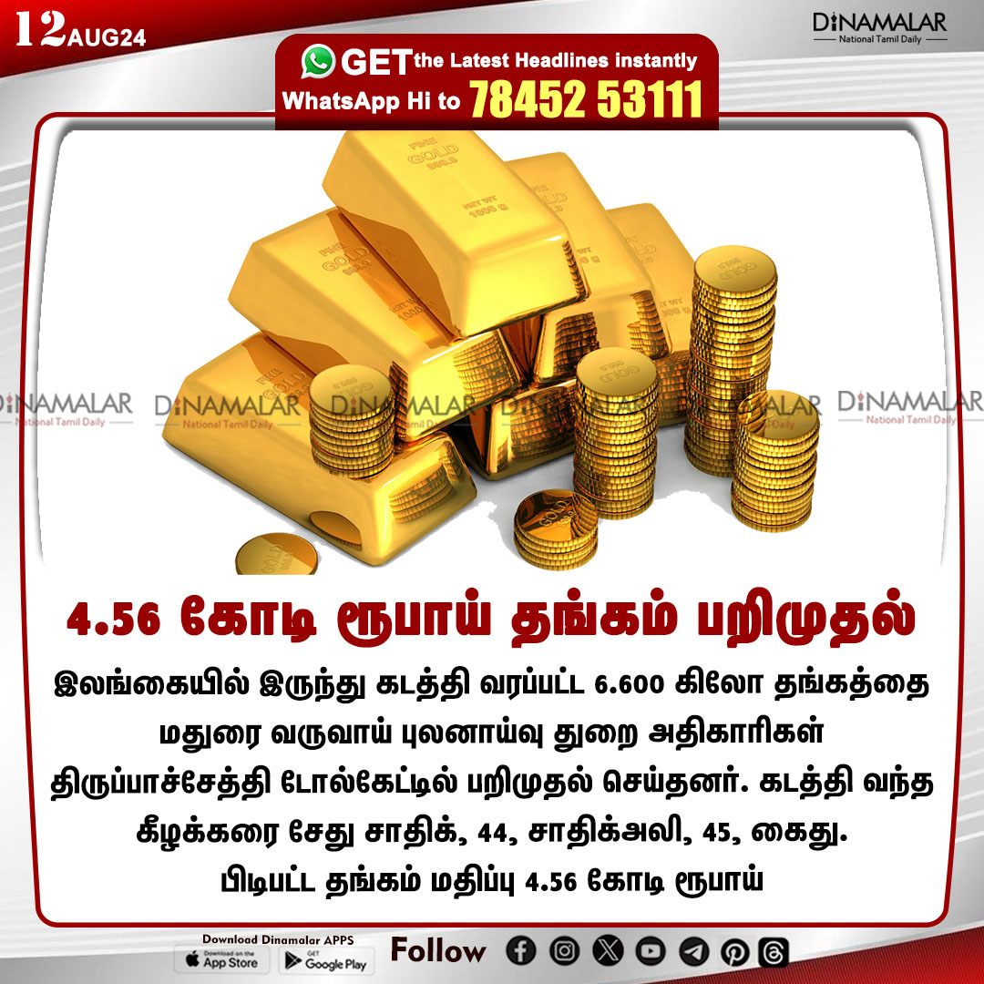 dinamalarweb's tweet image. 4.56 கோடி ரூபாய் தங்கம் பறிமுதல் 
#Goldseized | #Madurai | #RevenueIntelligenceDepartment  | #SriLanka
dinamalar.com