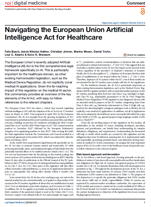 npj Digital Medicine (@npjdigitalmed) on Twitter photo An excellent reference point for the key elements of the <a href="/EU_Commission/">European Commission</a>'s ground breaking #ArtificialInteligence Act and its relevance to healthcare.
Don't forget to bookmark this resource too for easy to access references to the relevant chapters.
nature.com/articles/s4174… An excellent reference point for the key elements of the <a href="/EU_Commission/">European Commission</a>'s ground breaking #ArtificialInteligence Act and its relevance to healthcare.
Don't forget to bookmark this resource too for easy to access references to the relevant chapters.
nature.com/articles/s4174…