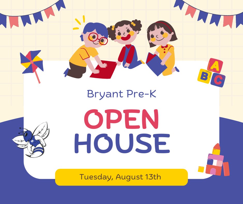 bryantpreK's tweet photo. We are excited to meet our little hornets at Open House on Tuesday, August 13th! If you have not set up an Open House appointment with your child's teacher, please contact the Pre-K office. #ReadySetLearnBPK https://t.co/1SgVWtjAeH