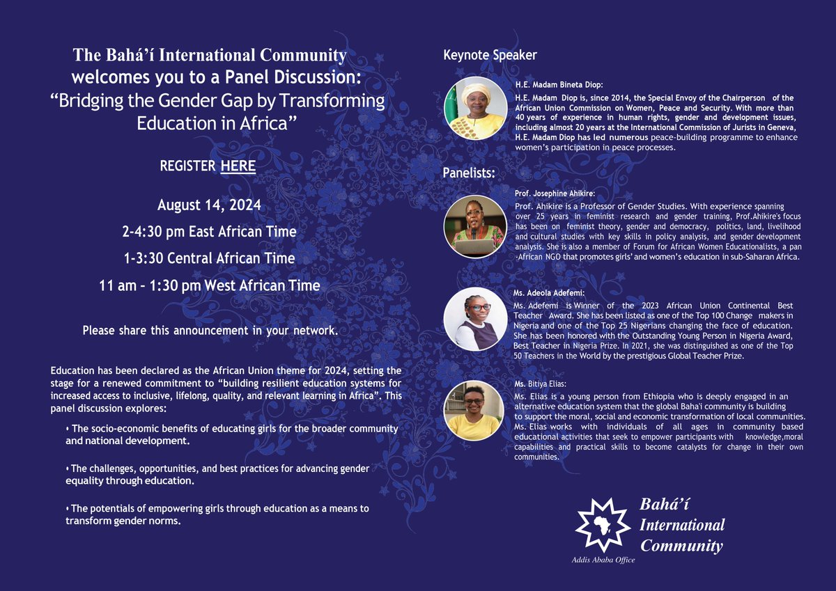 Join us for a panel discussion by the Bahá’í International Community on “Bridging the Gender Gap by Transforming Education in Africa". As the African Union’s 2024 theme focuses on building resilient education systems, we’ll explore challenges, opportunities, and best practices