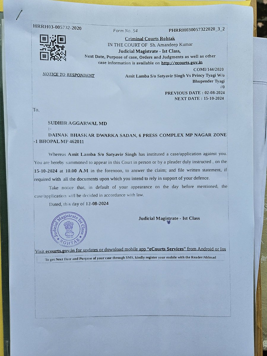 AmitLambaUAE's tweet photo. Judicial Magistrate 1st Class Rohtak summoned Dainik Bhaskar Managing Director, Editor and others for publishing defamatory and false news published in @DainikBhaskar. 
 Faith in Judiciary
 @DC_Rohtak @ani_digital #defamation @JagranNews @timesofindia @htTweets #media #Haryana https://t.co/4gxPMuEFxr