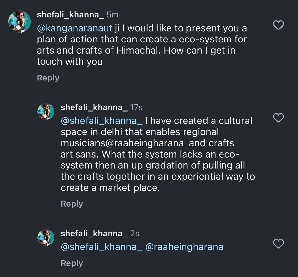 Dear___Sunshine's tweet photo. @KanganaTeam I would like an opportunity to get in touch with you regarding creating an eco system for crafts and music. I enable both in my small way. I am already marching forward on your expressed concerns of extinct craft. Please get in touch soon. Shefali Khanna from Delhi. https://t.co/HfNxJGq8ZH